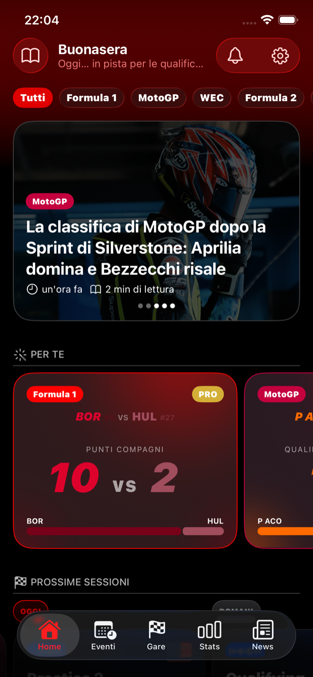 Schermata Home di GPKingdom: news in evidenza, testa a testa tra compagni di squadra e prossime sessioni
